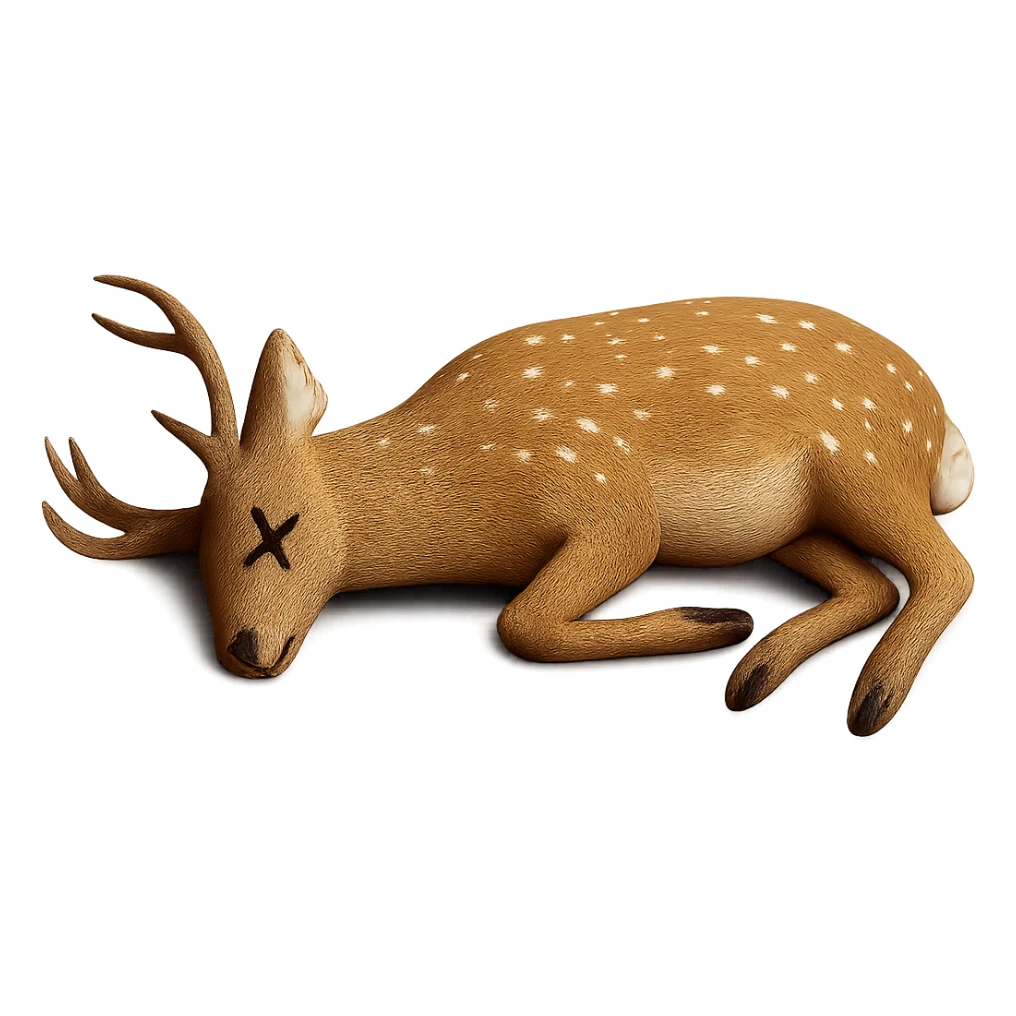 Add cartoon X's over the eyes to indicate the deer is dead, keep the rest realistic, no background. Maintain the realistic style of the deer while adding the cartoon X's over the eyes as a clear dead indicator. sticker