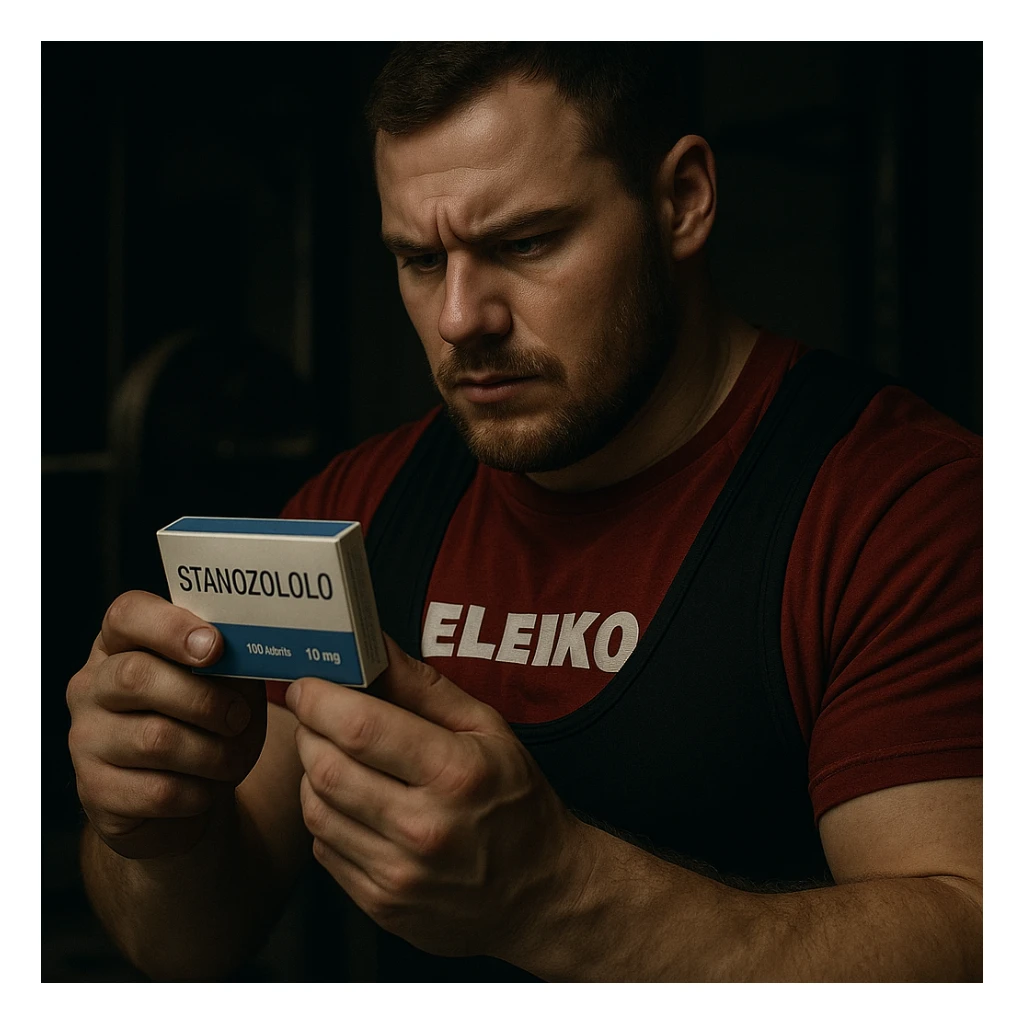 European powerlifter in competition clothing checking a box of tablets labeled 'STANOZOLOLO', attentive look, private environment, secretive atmosphere, realistic details, gym background sticker
