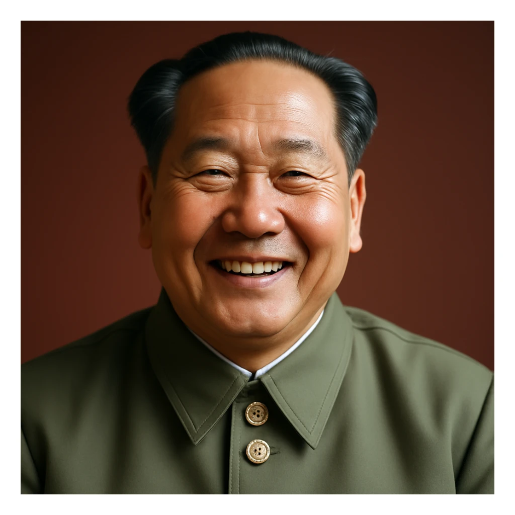 Make Mao Zedong smile, keep photorealistic style, formal attire, neutral background. sticker