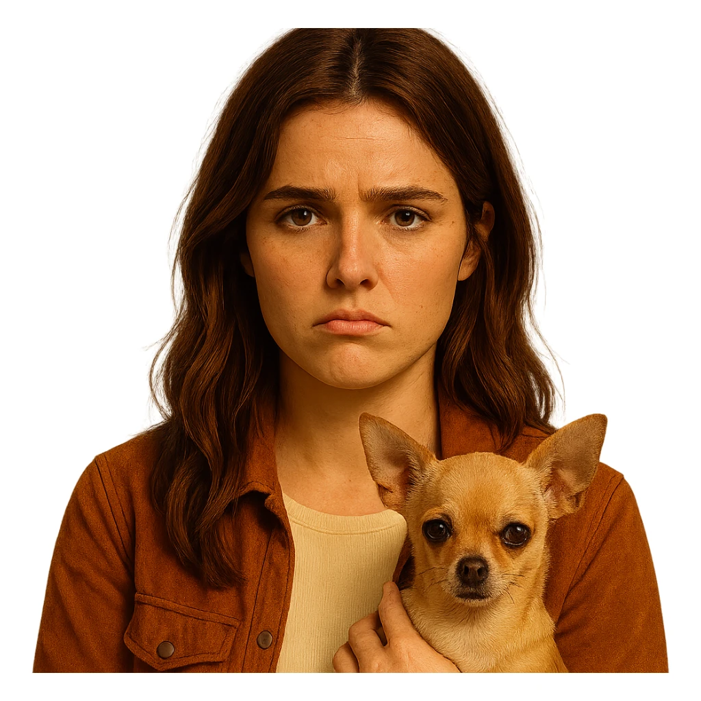 Portrait centered for Instagram profile picture inspired by the facial features visible in the reference images, with a tanned complexion, subtle freckles, shirt color #FFF8CA, rust-colored jacket, medium-length brown hair with auburn highlights, expression disappointed and sulky, holding a beige-brown chihuahua, Netflix series style, transparent background, intimate Tenerife ambiance. sticker