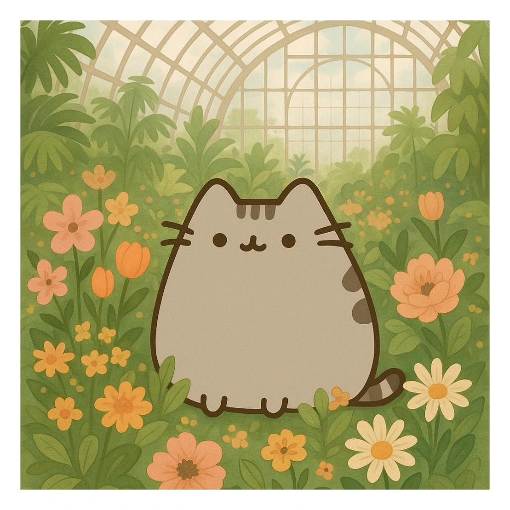pusheen cat surrounded by flowers in a botanical garden greenhouse sticker
