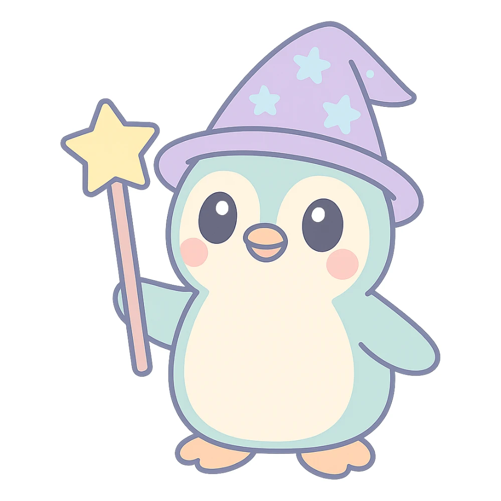 cute cartoon style penguin wizard with a starry hat and magic staff sticker