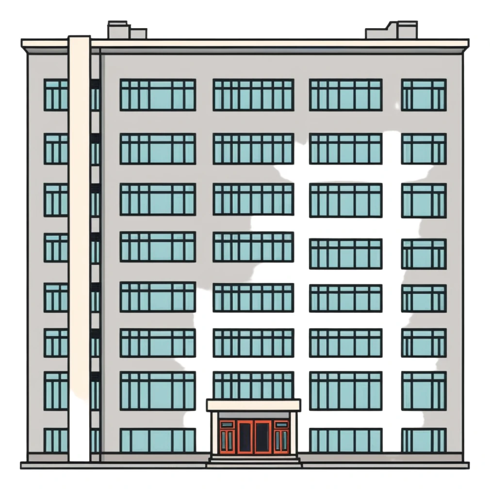 Soviet-era panel apartment building with rows of identical windows, gray concrete facade, flat roof, typical Russian multi-story residential building sticker