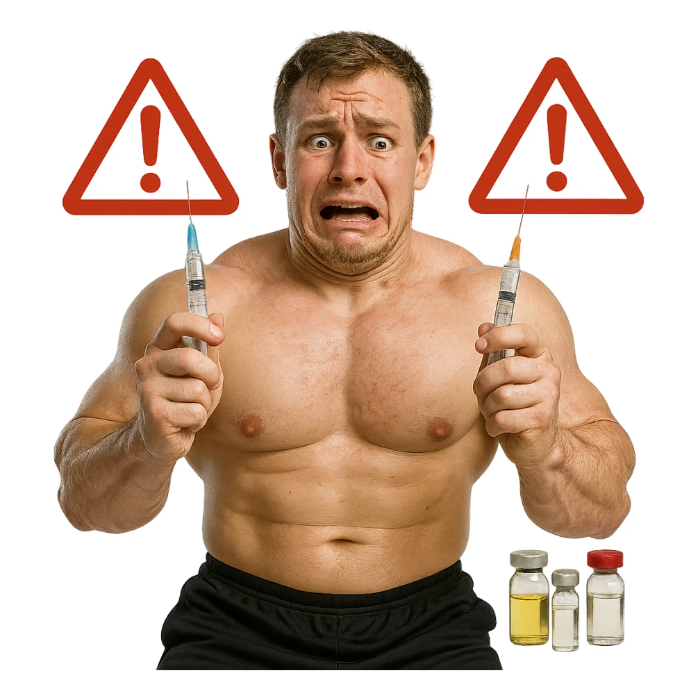 beginner bodybuilder with swollen but undefined muscles holding two different syringes, scared expression, open anabolic steroid vials, red danger symbols in background, realistic details, isolated on white background sticker