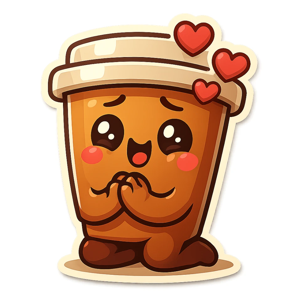 Tall coffee cup, bowing on knees, gushing with love, worship sticker