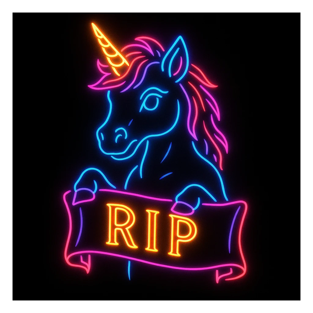 neon unicorn holding a RIP banner, outlined in neon lights, black background, stylized sticker