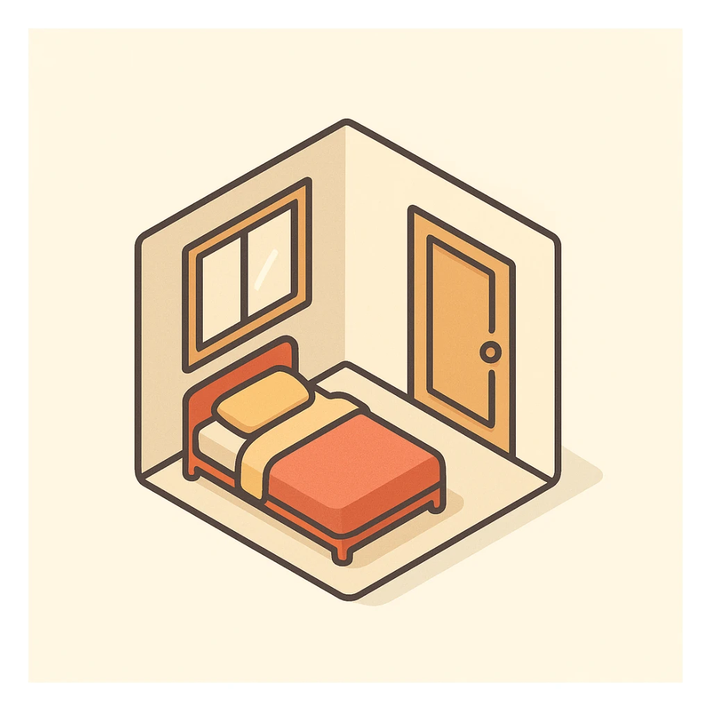 isometric apartment interior with only a bed, window, and door, cozy style, warm colors sticker