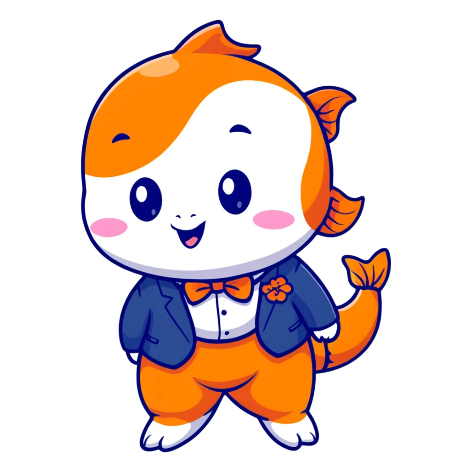 A super kawaii koi fish character with enormous cute eyes, blushing cheeks, bubbly playful expression, orange and white patterns, wearing a tiny business suit with bowtie sticker