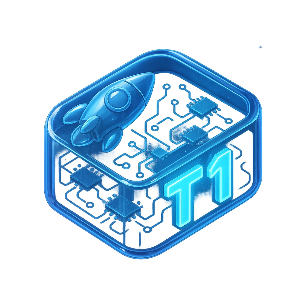 space theme with the words T1, futuristic style, glowing text, digital starscape, sleek and modern sticker