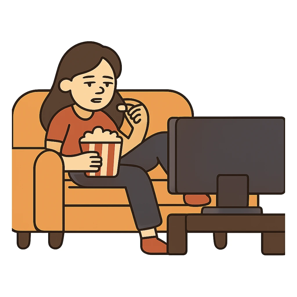 flat toon style girl slouched on couch, TV on, eating popcorn sticker