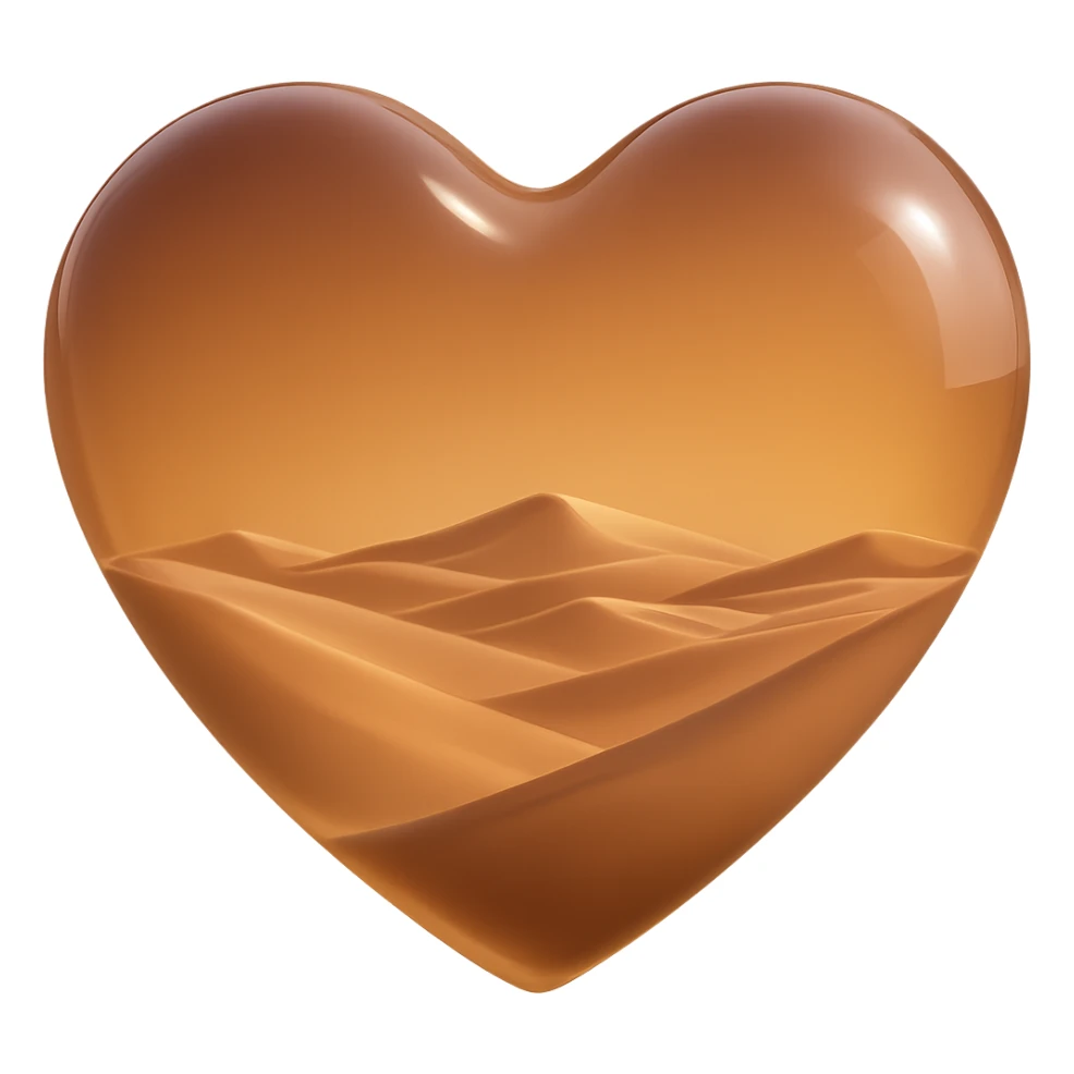 Remove the sun from inside the glass heart, keep only the empty desert sand dunes, realistic glass look, 3D emoji style, with no background sticker