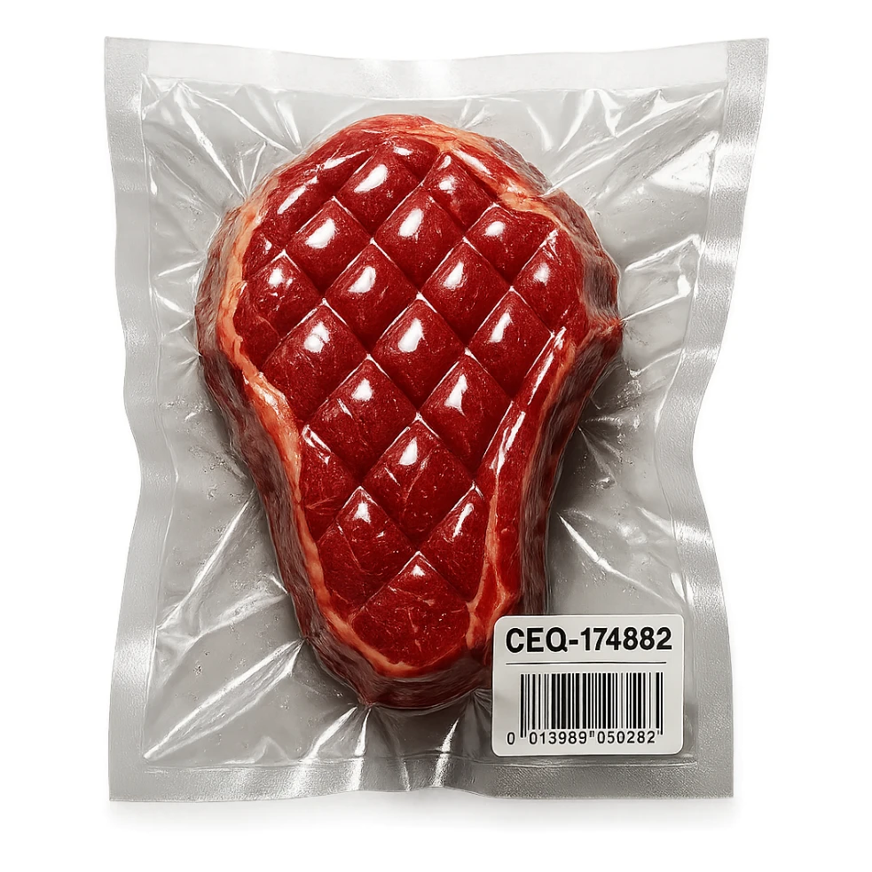 diamond-textured meat steak, shiny and inflated, vacuum-sealed style sticker