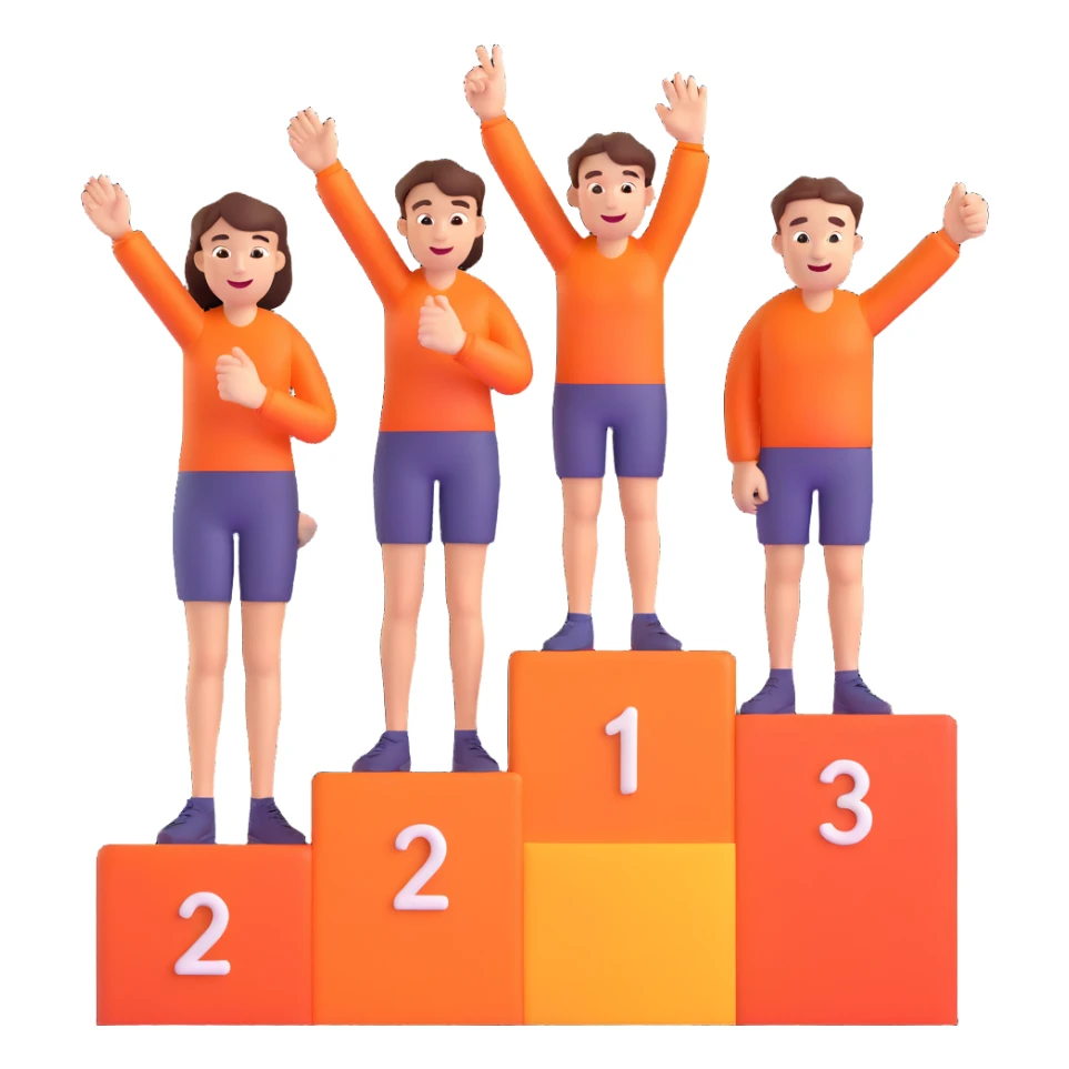 three casually dressed people on a winners podium labeled 2, 1, 3 from left to right, each on their step, center person on 1 holding up one finger on each hand, fun, expressive, cheerful, 3D emoji style sticker