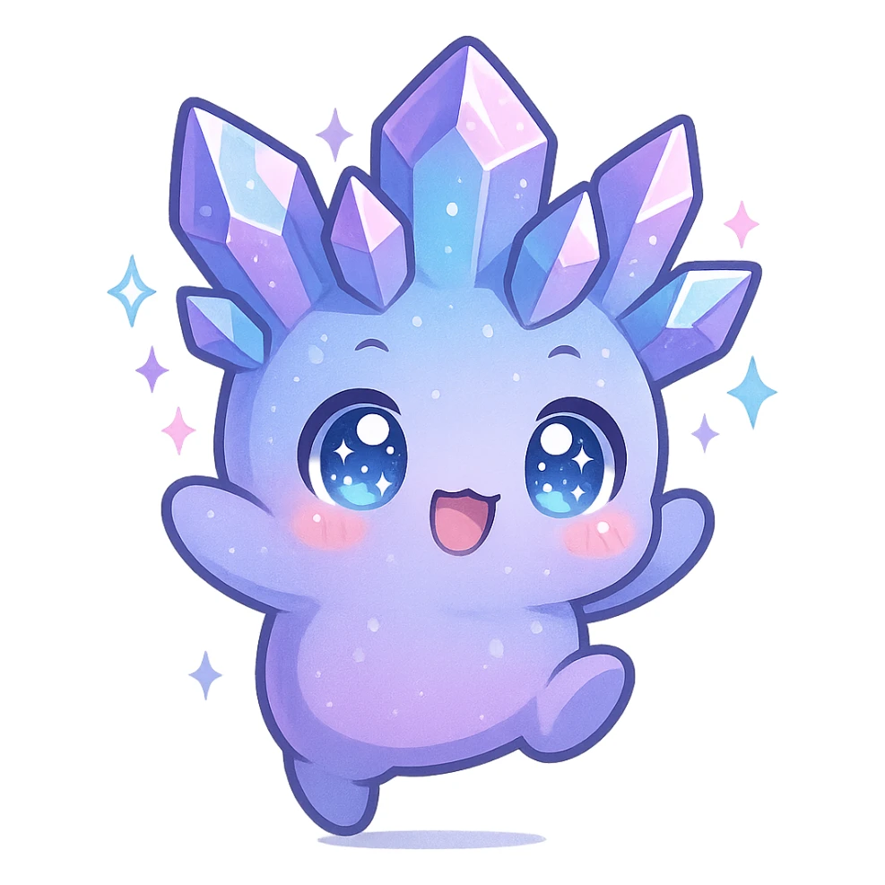 kawaii chibi style crystal sprite creature, purple, blue, and pink, jumping pose, sparkling eyes sticker