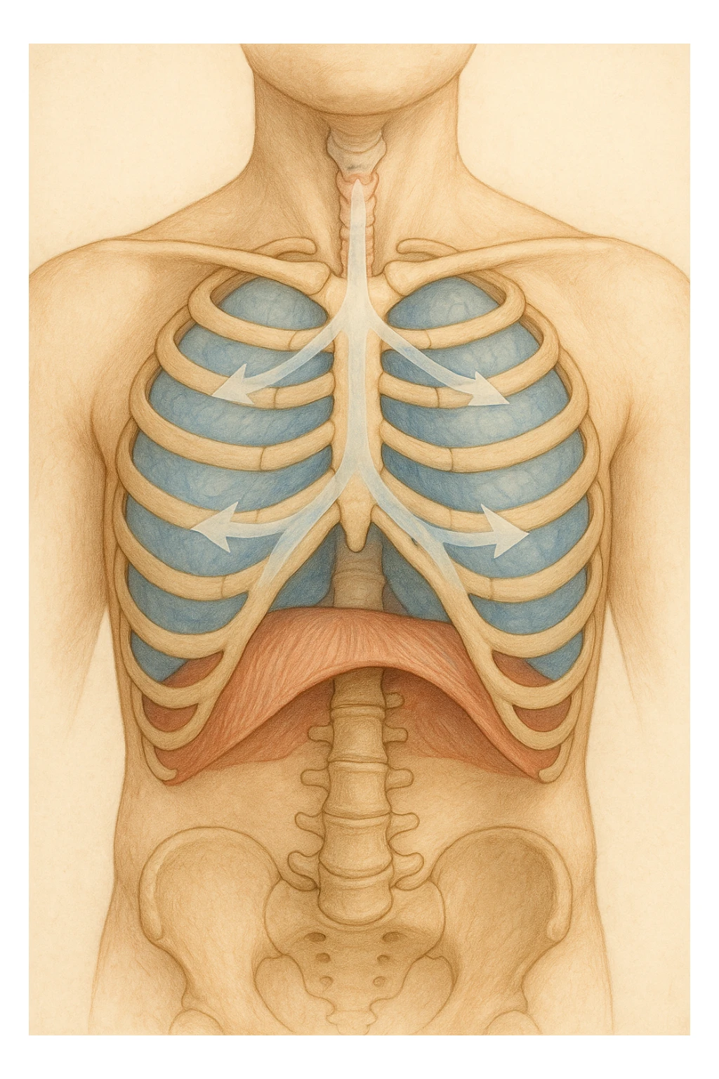 A realistic, high-quality anatomical illustration showing a human torso with visible rib cage and diaphragm. The ribs are shown in a decompressed, expanded state, allowing full lung expansion, while the diaphragm is depicted as relaxed and lowered, indicating deep, efficient breathing. Soft blue and warm tones highlight airflow and lung capacity, with light arrows illustrating the air movement during diaphragmatic breathing. The image conveys a sense of calm, openness, and optimal breathing mechanics, useful for physiotherapy, breathing education, and osteopathic learning contexts realistica sticker