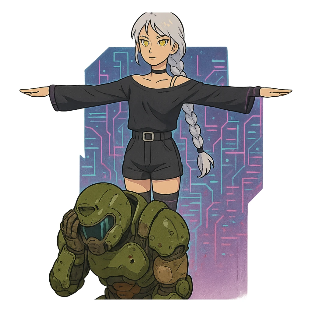  young woman with gold yellow eyes, white hair, long braid, black off-shoulder top, punk gothic style, futuristic cyberwave cyberpunk,, she is calmly t-posing above a cowering doomguy sticker