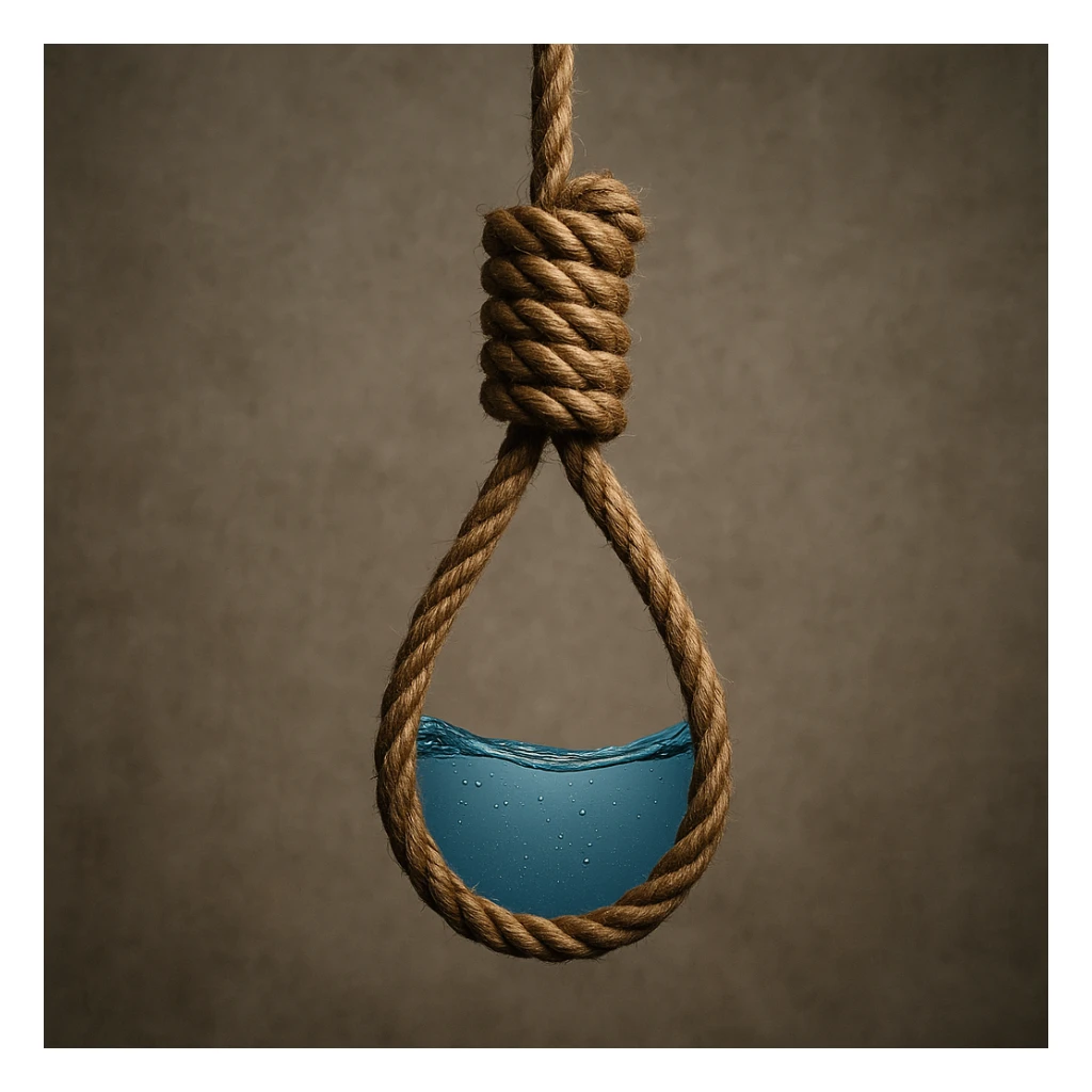 Realistic style depiction of a rope with a noose, inside the rope visible water, on a neutral background, with natural details and a symbolic atmosphere. sticker