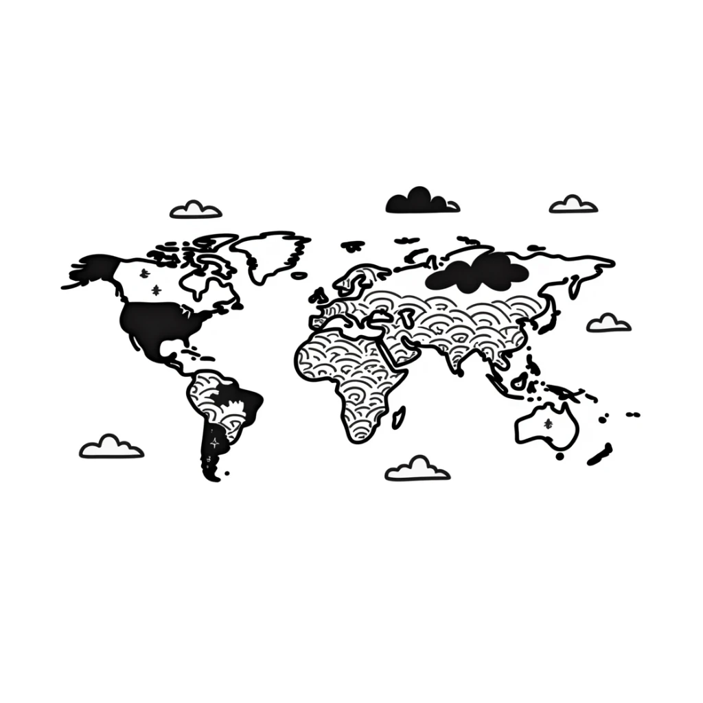 A world map like in retro games, with paths, portals, and pixel clouds sticker