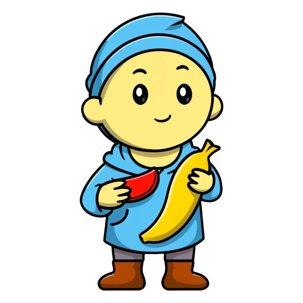 a beggar holding a chocobanana, looking hopeful sticker