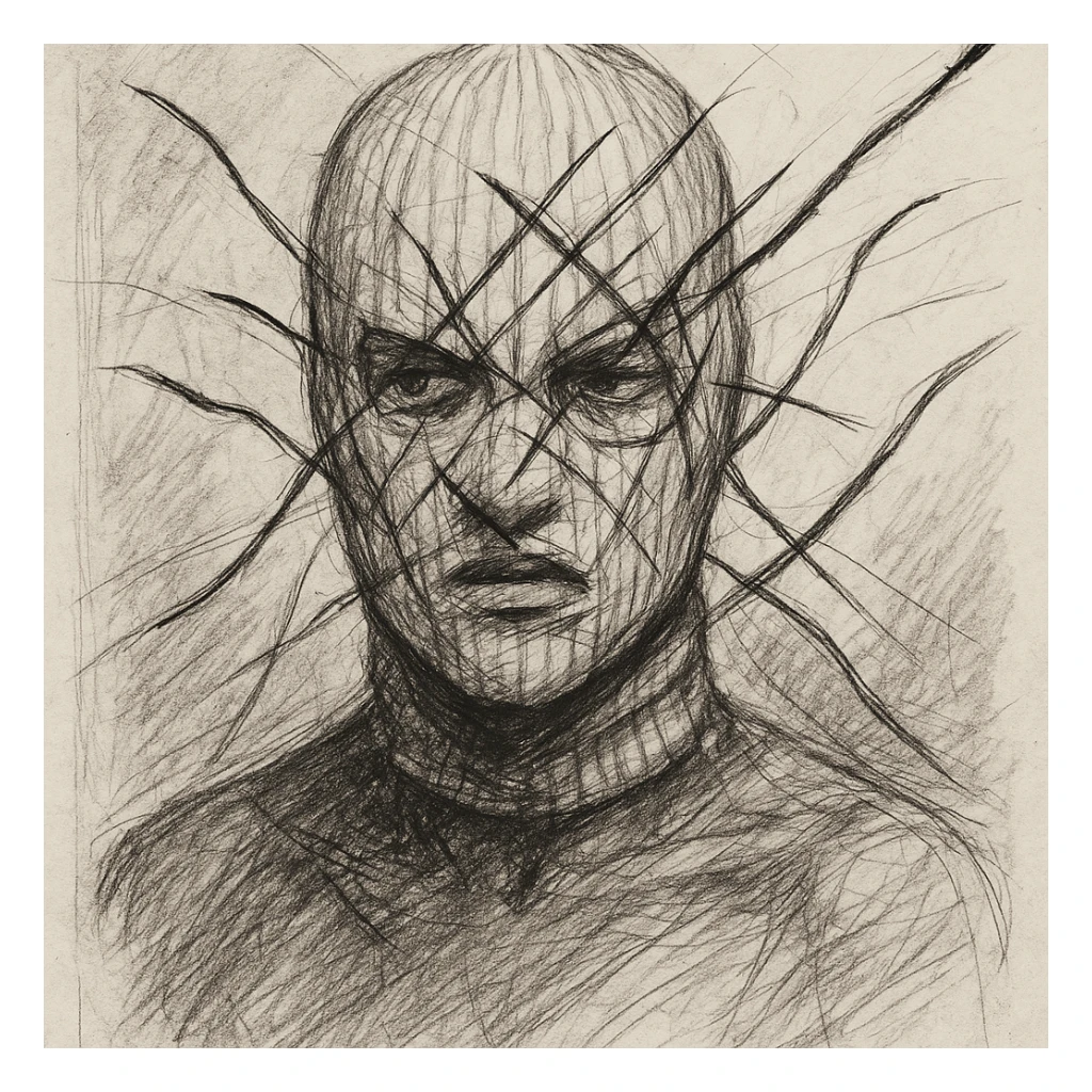 The mask is a full-head, white knitted balaclava with a tight ribbed texture. It features two asymmetrical eye openings and a partially exposed mouth area. Black thread is stitched across the surface in chaotic, abstract lines that trace facial features, giving a hand-drawn effect. Several black cords extend outward from the mask, varying in length and direction, adding a sculptural, almost organic appearance. The overall look is bold, handcrafted, and visually striking. sticker