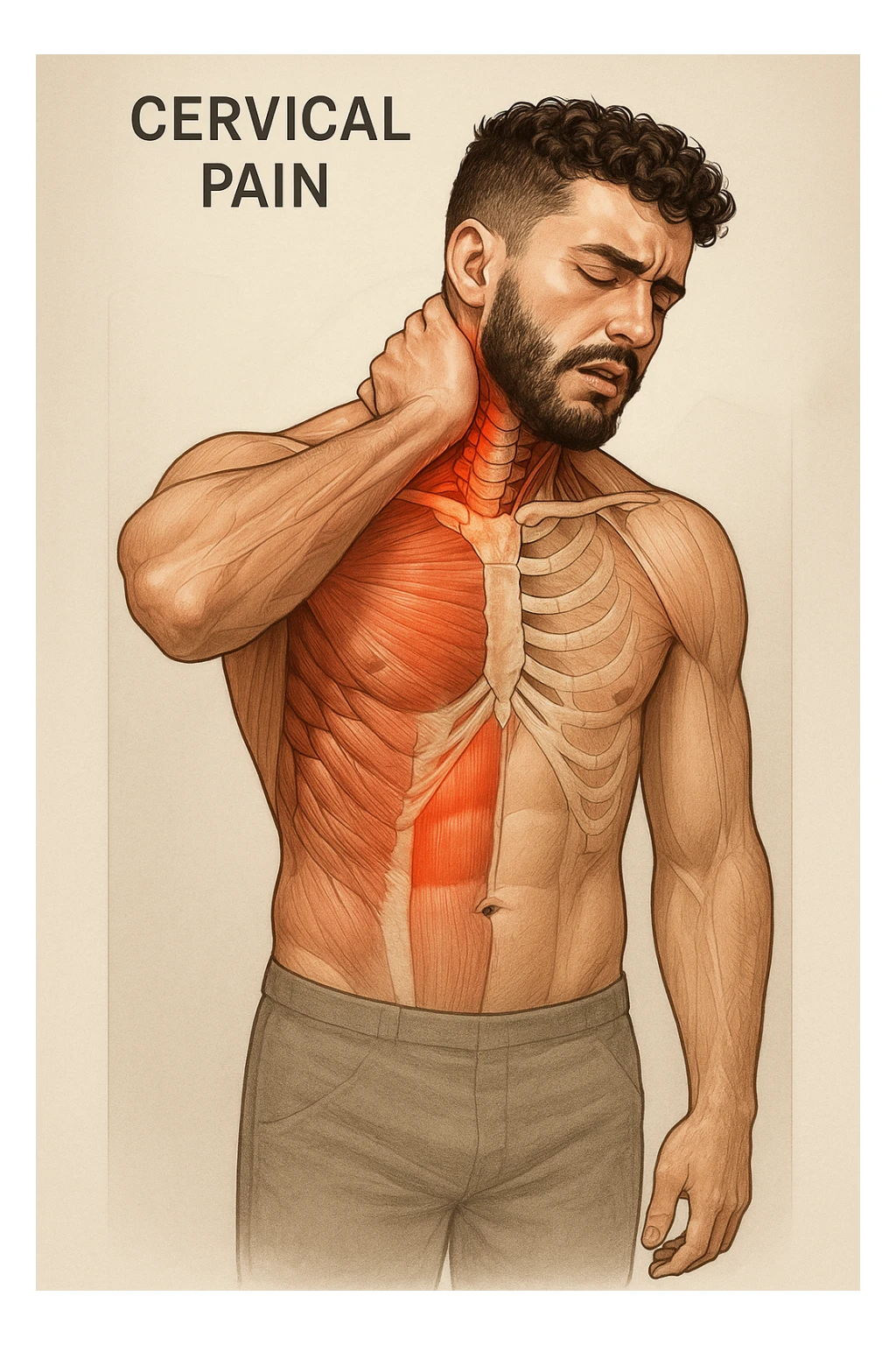 Uomo con dolore per infortunio vista anatomica in piedi con dolori cervicali sticker