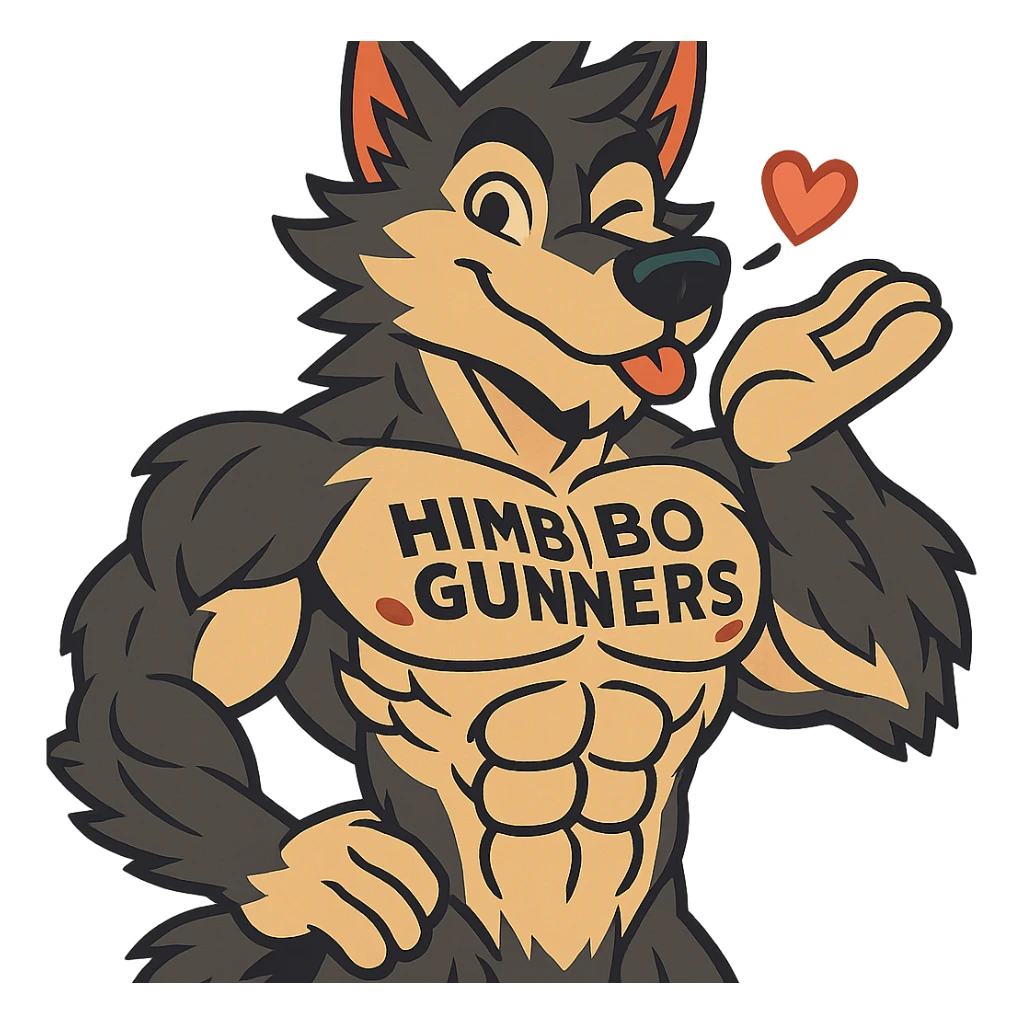 extremely muscular wolf furry, shirtless, with 'Himbo Gunners' tattoo on his chest, blowing a kiss and winking, charming and playful, hyper-detailed muscles and fur, ultra high quality sticker