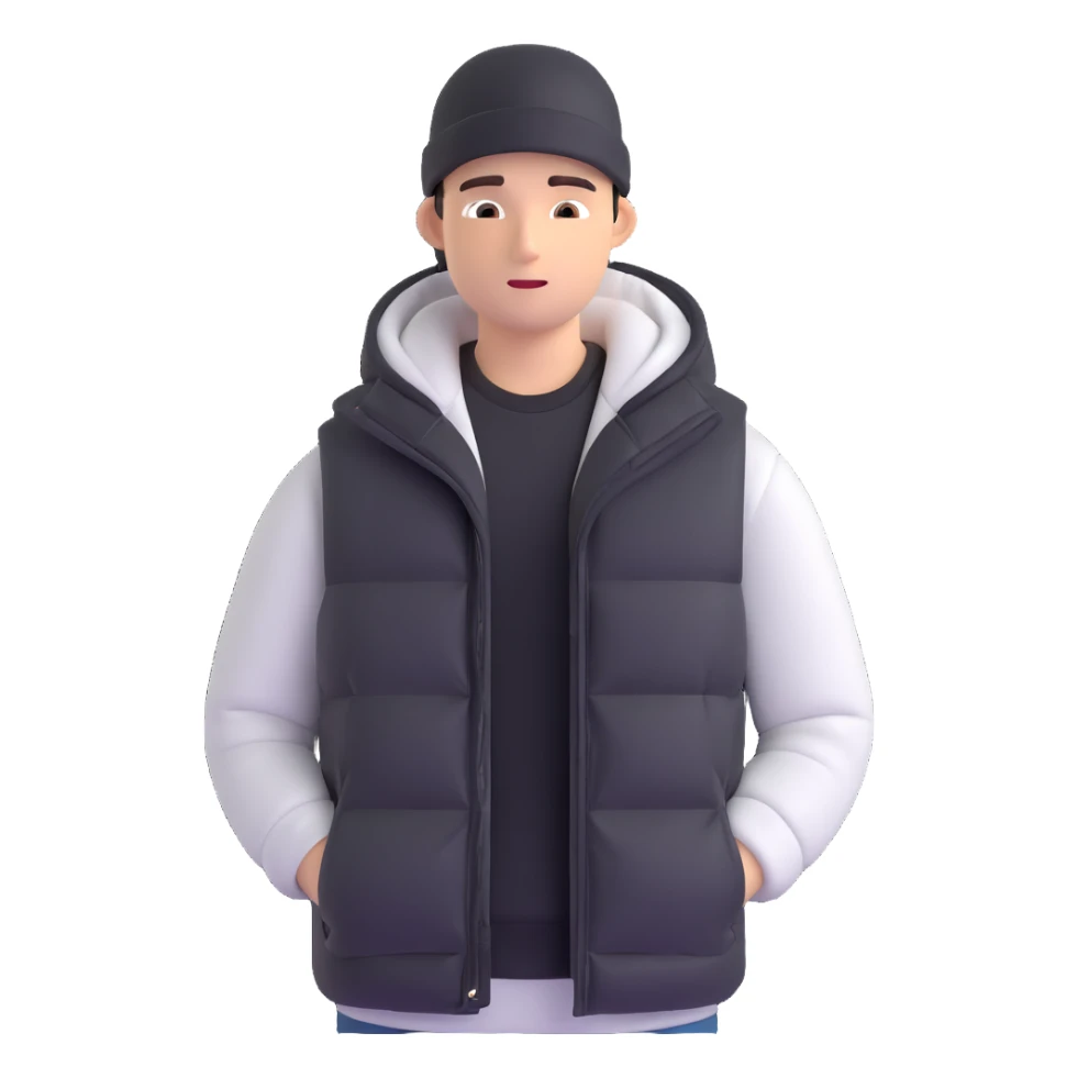 A guy in a hat, black hoodie, and a puffer vest sticker