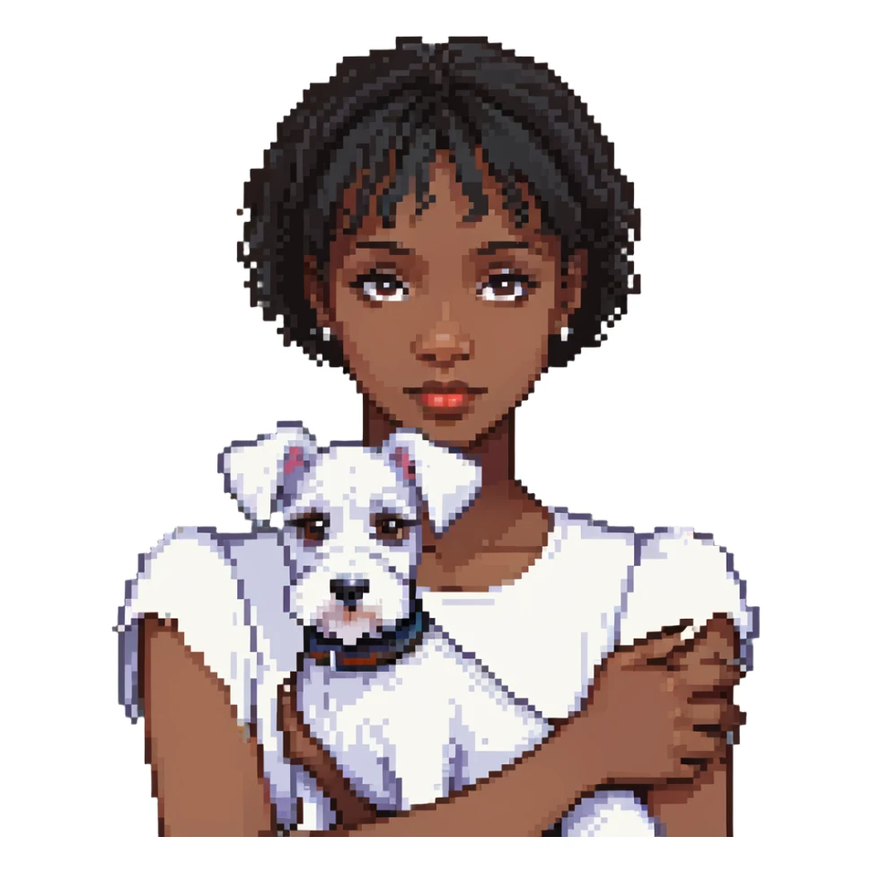 Black girl with short bangs holding a white schnauzer dog sticker