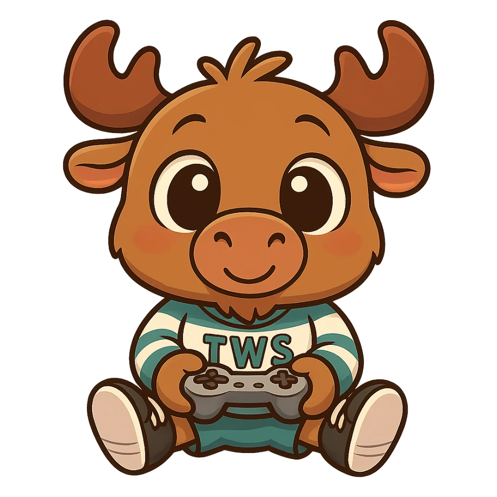 Transform the moose into a chibi style with a large head, small body, and big expressive eyes. The moose is holding a game controller, wearing shoes and a 'TWS' hockey jersey. The overall look is cute and playful. Remove the background. sticker