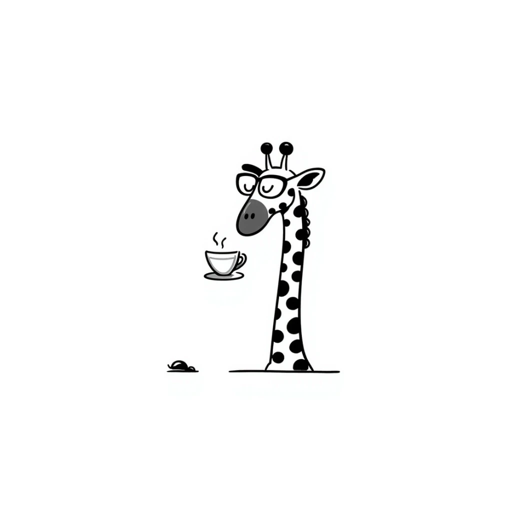 Giraffe with silly glasses trying to drink from a tiny tea cup sticker