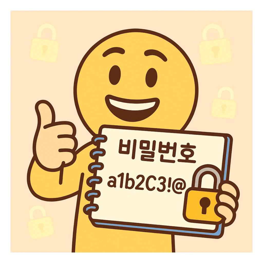 friendly cartoon emoticon character holding a notebook with Korean text '비밀번호', strong password 'a1b2C3!@#', secure lock icon, character giving confident thumbs-up, multiple smaller glowing lock icons in the pastel background, flat design, simple, bright colors, isolated on light pastel background, 360x360px, PNG format sticker