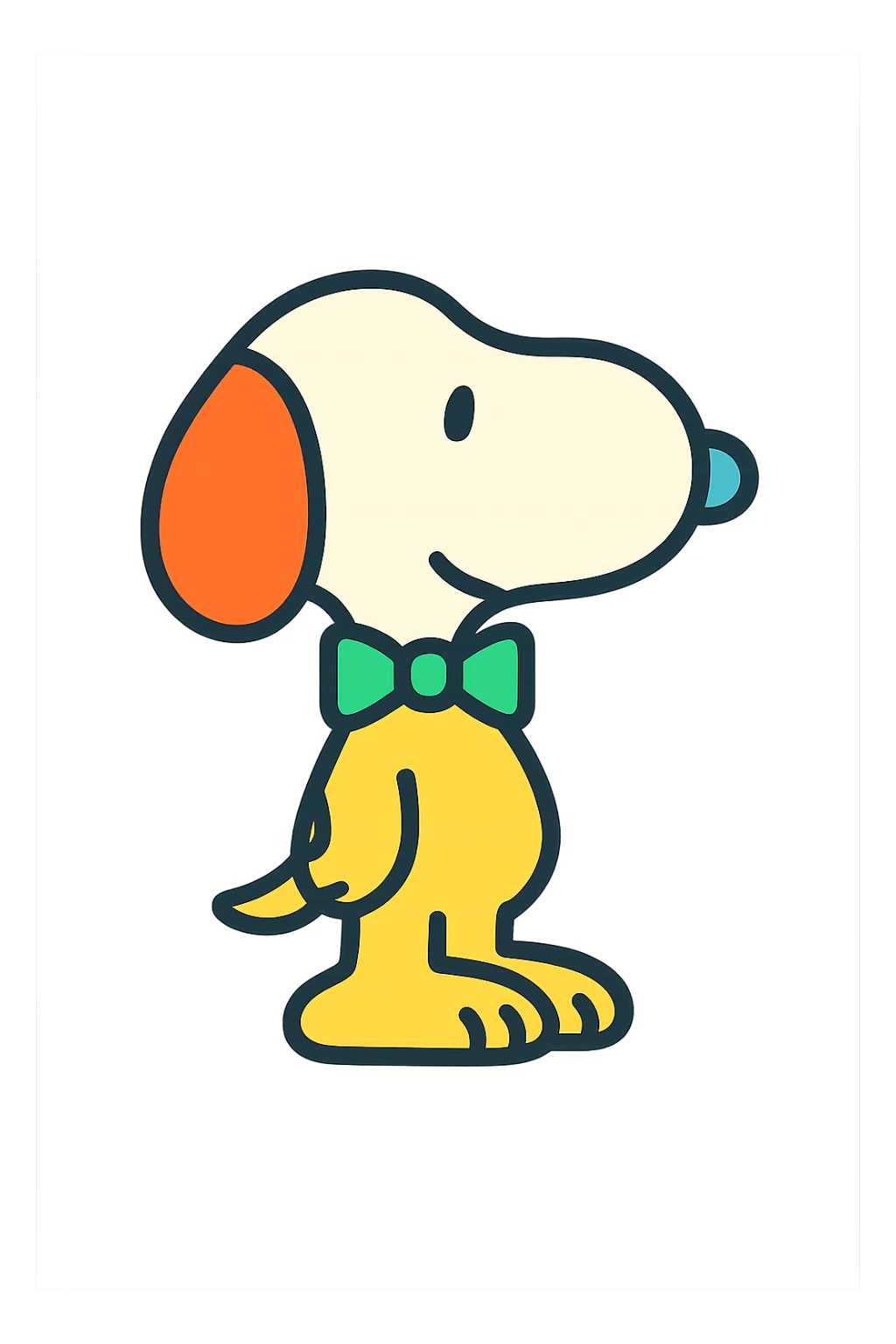 Snoopy, outlined and colorful, with a green bowtie sticker
