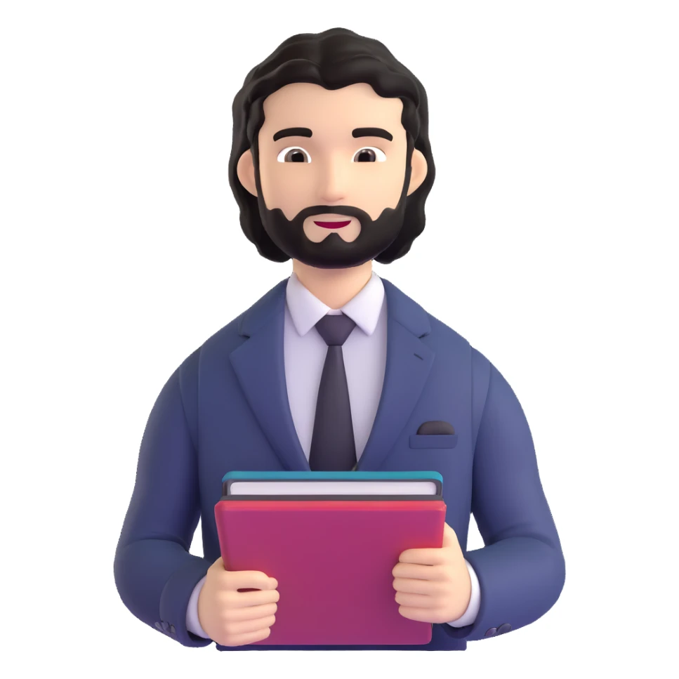 Professional 35-year-old man with black wavy hair, stubble, strong jawline, white skin tone, wearing smart casual business attire, holding a business book, with a confident approachable expression sticker