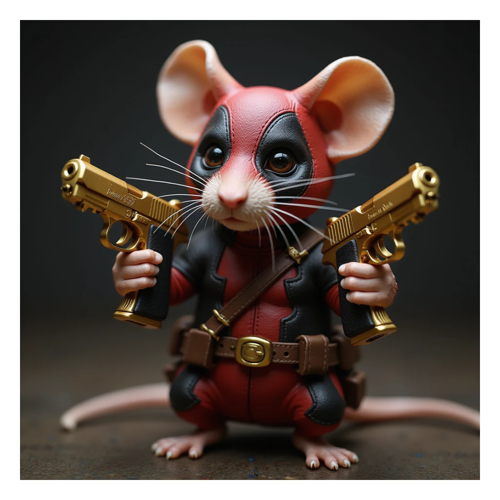 A realistic rat dressed as Deadpool, holding two golden Desert Eagle pistols, dramatic lighting, photorealistic style. sticker