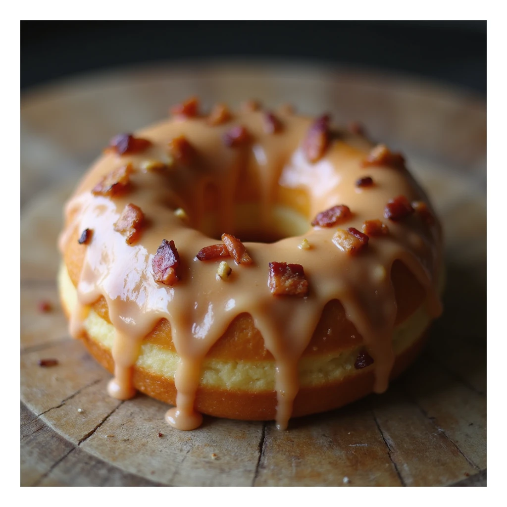 realistic glazed donut, soft lighting, appetizing, maple glaze with bacon bits, on white background sticker