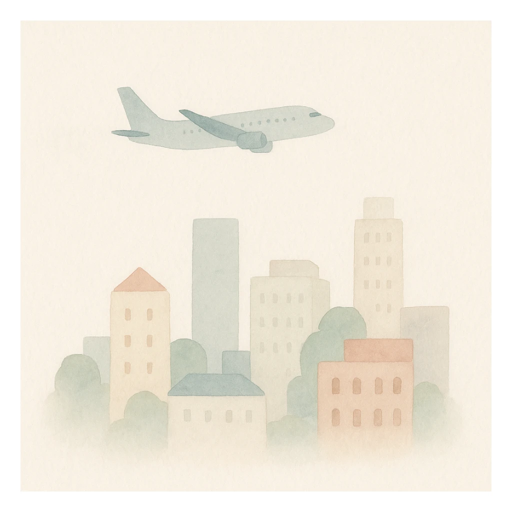 soft watercolor illustration in a minimalist modern style of a plane flying over a city with buildings below, pastel colors, delicate linework, gentle whimsical mood, minimal soft shading sticker