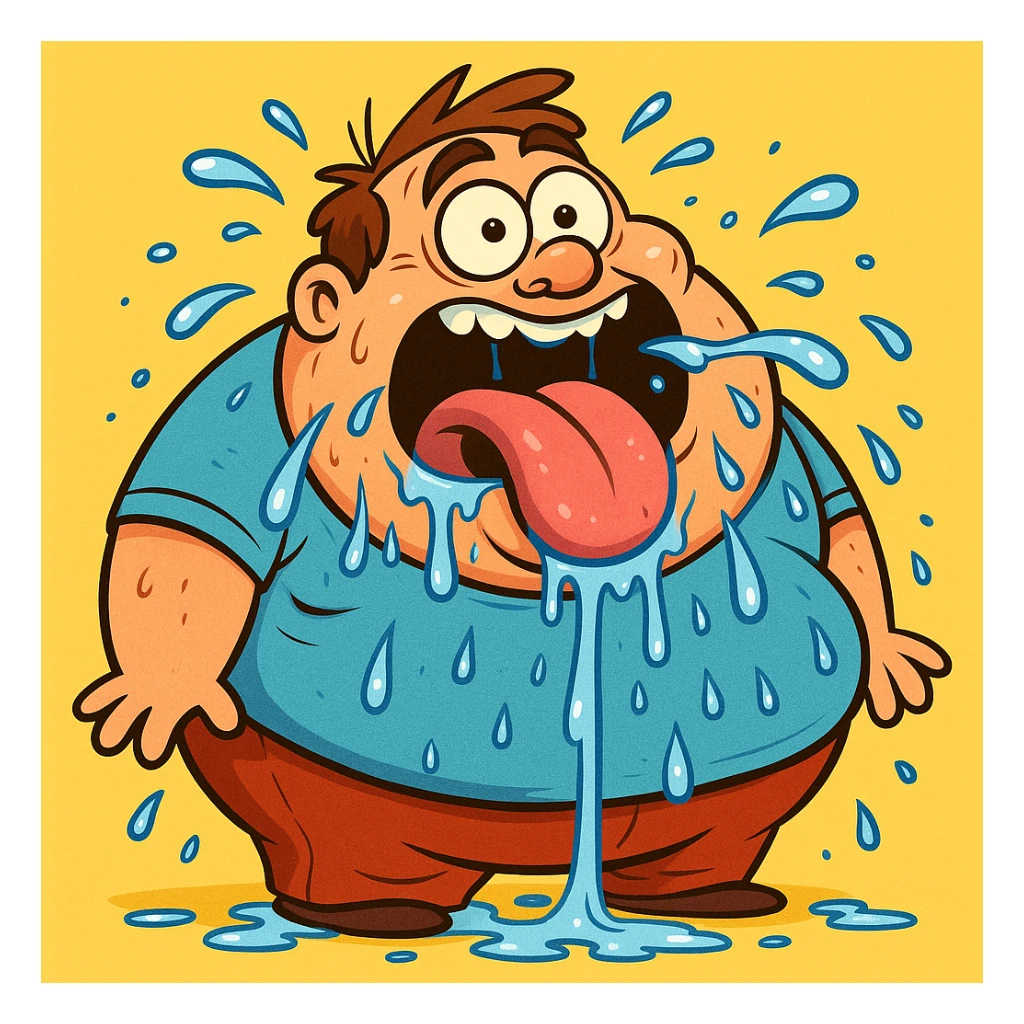 cartoon style fat man drooling everywhere, tongue out, eyes open sticker