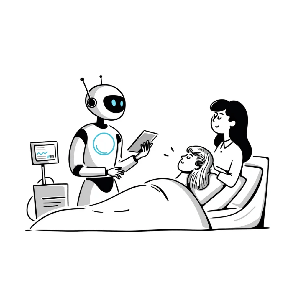 hand-drawn doodle of AI assisting a nurse with a patient sticker