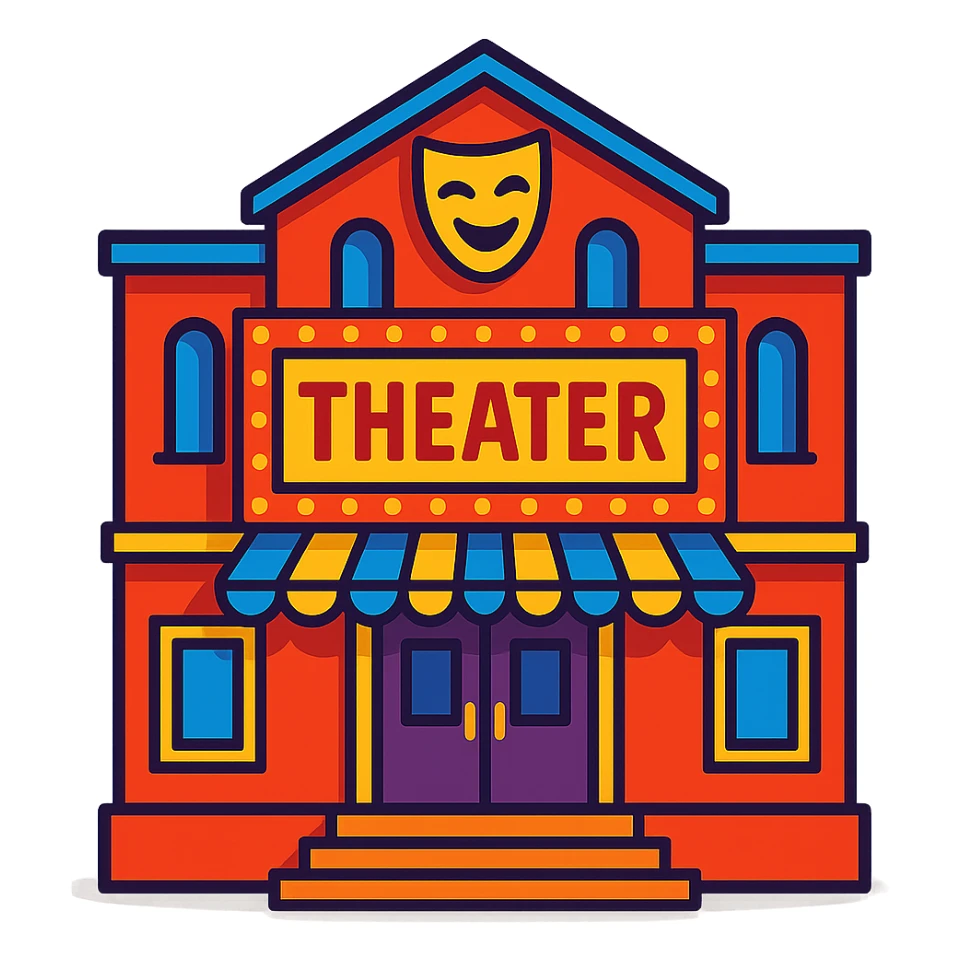 theater building, vibrant cartoon style sticker