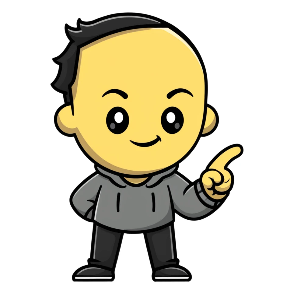 A single sticker that combines a pointing finger and a smirking face - a face with a sly smirk that has one arm extending with a pointing finger sticker