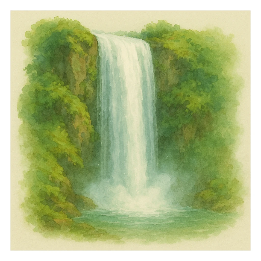 a realistic waterfall, natural colors, soft, fairy-like atmosphere, no background, square size sticker