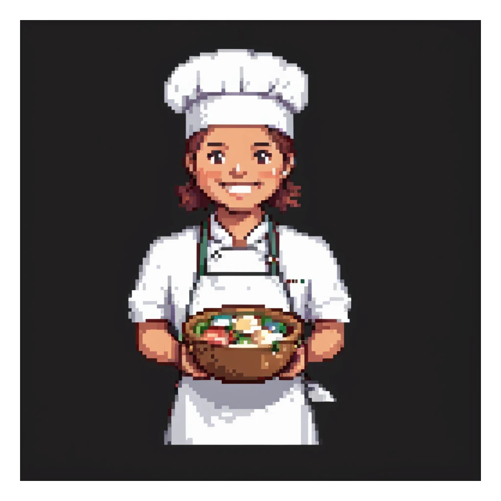 Portrait of a smiling baker wearing a chef hat and a clean apron, holding a large mixing bowl, skeuomorphism style sticker