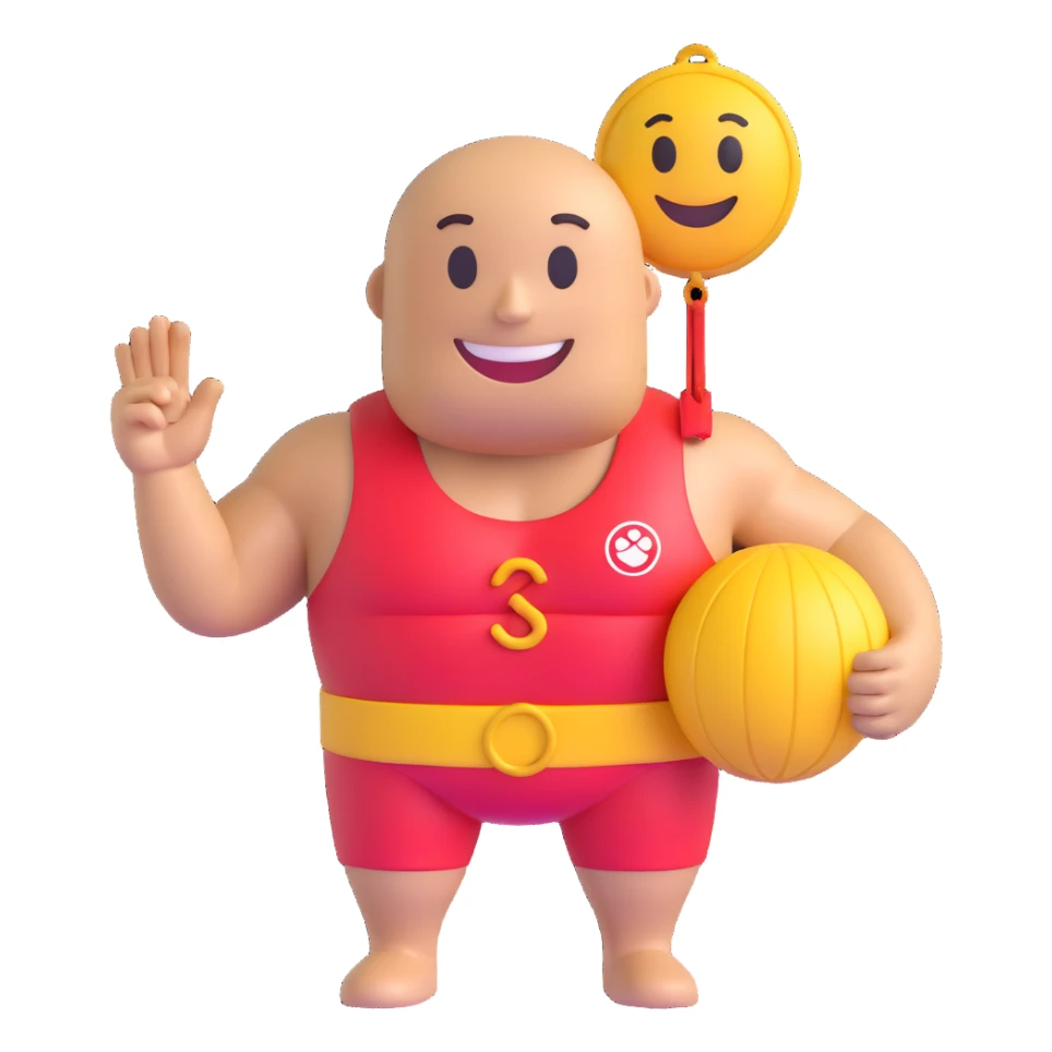 Create a 3D smiley emoji with a round face, muscular lifeguard upper body only, wearing a whistle around the neck and the upper part of a swim suit, smiling face, transparent background. sticker