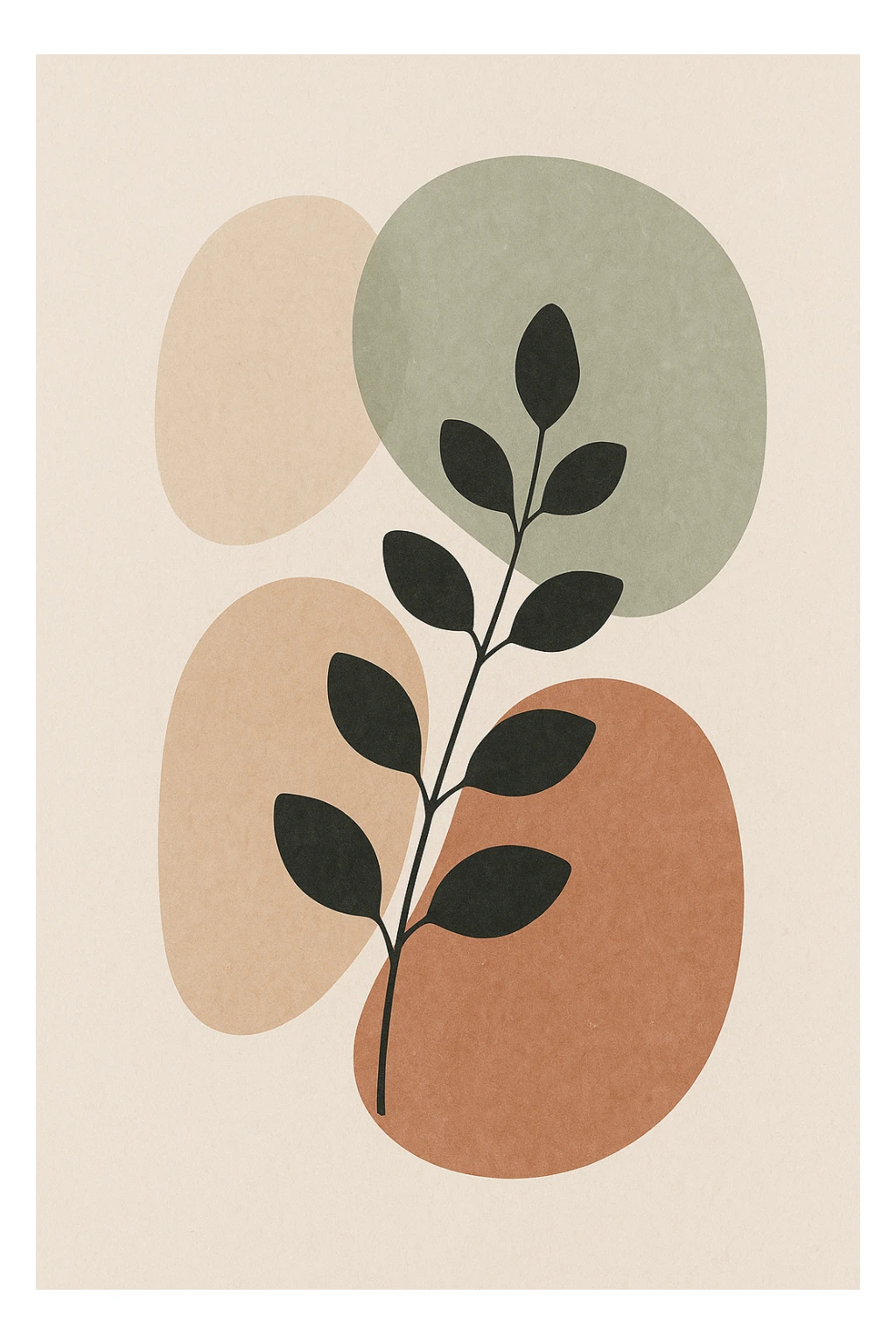 abstract botanical wall art, minimalist scandinavian style, large rounded organic shapes, eucalyptus branch silhouette, neutral earth tones (beige, sage, terracotta), subtle paper texture, modern interior decor, full bleed composition --v 6 --ar 3:4 --q 2 --style 4a sticker
