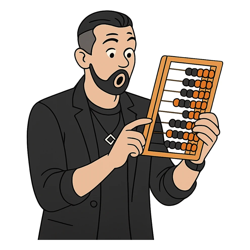 Используя такую стилистику, сгенерируй картинку, где герой удивленно держит счёты в руках и смотрит на них, прозрачный фон sticker