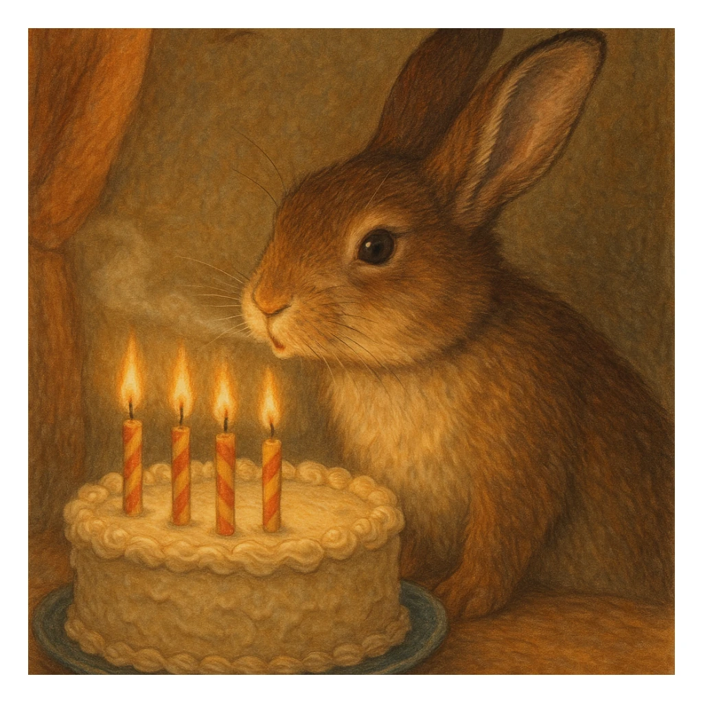 a rabbit blowing out the candles on a birthday cake, detailed scene sticker