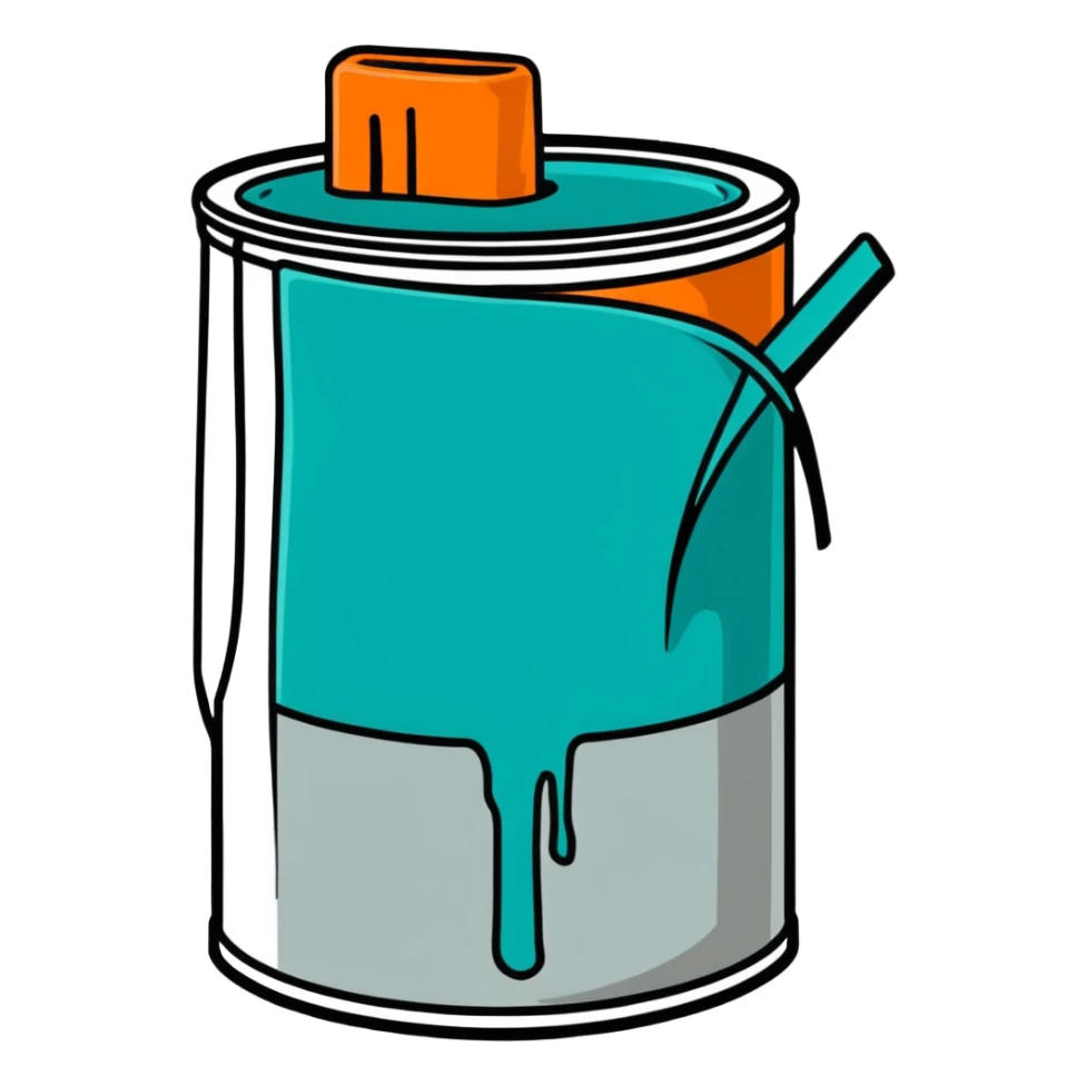 gray paint can with teal paint inside, some teal paint spilling over sticker