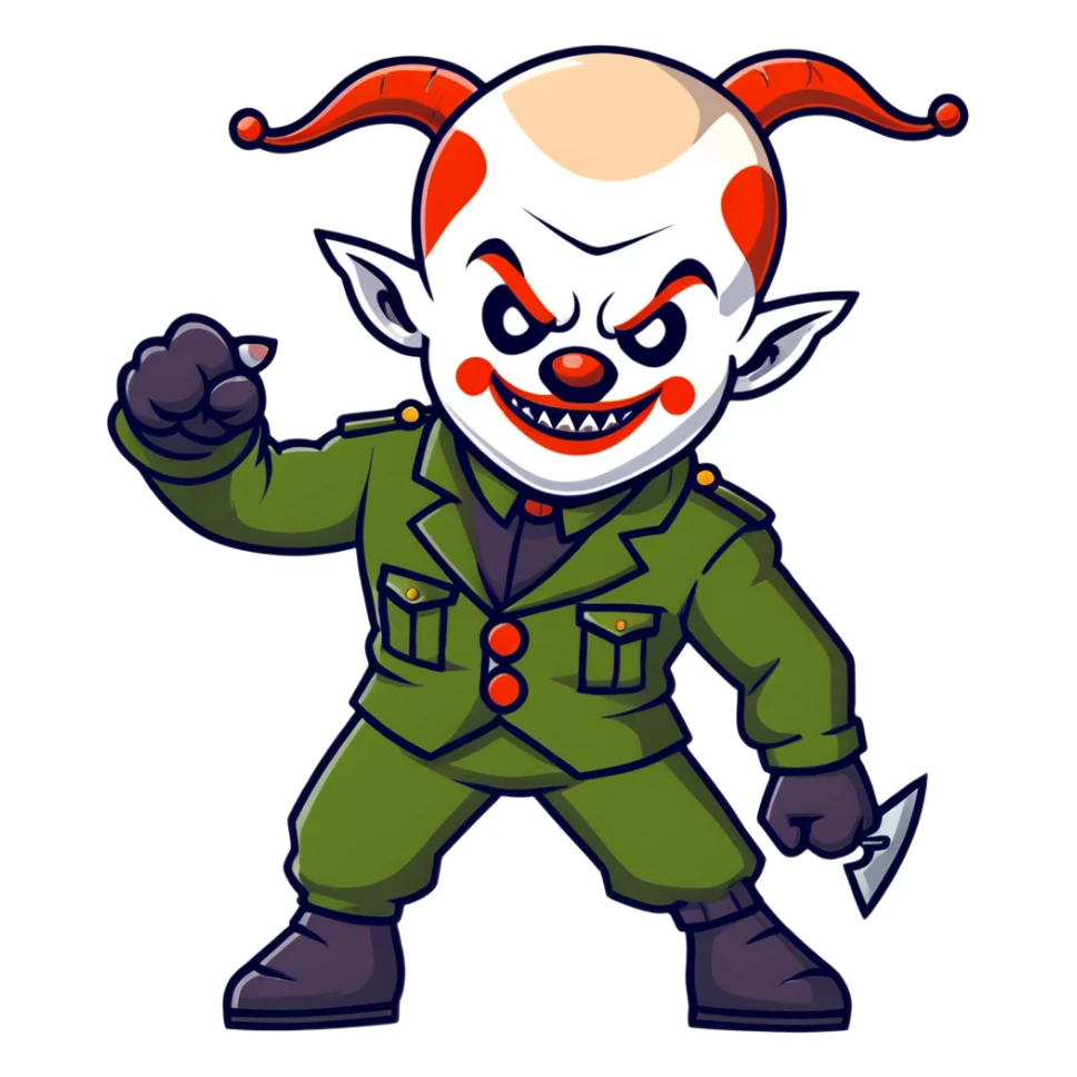 evil clown warrior, bald, short goat-like horns on forehead, fangs, pointed ears, black and military green leisure suit, battle-ready fighting posture sticker