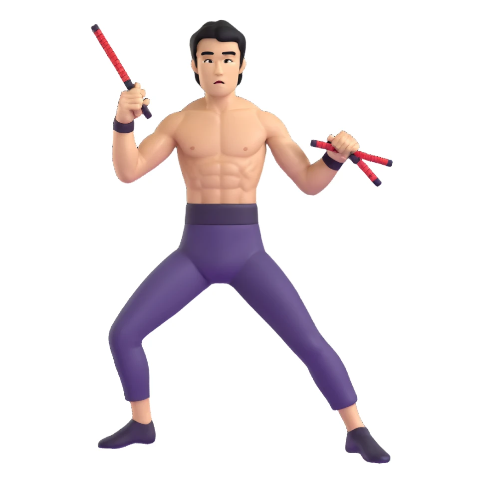 Bruce Lee with nunchaku, martial arts pose, shirtless with toned muscles sticker