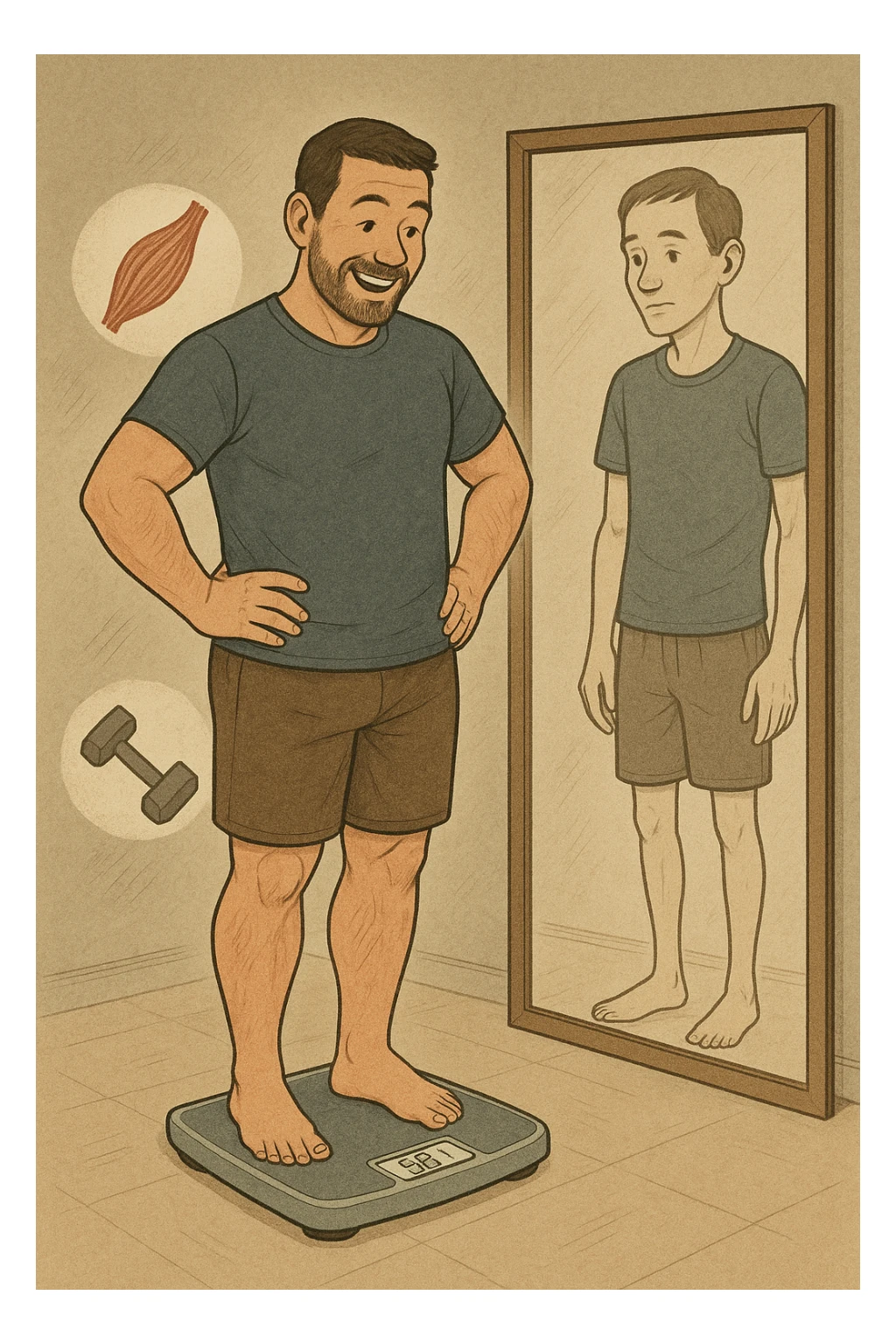 a man stands on a scale, smiling at the lower number, but his reflection in a nearby mirror shows a thinner, but also visibly weaker and less muscular body. Around him, floating icons or faded images of muscle fibers and dumbbells highlight the overlooked loss of muscle mass. The mood is cautionary and educational. in italiano sticker